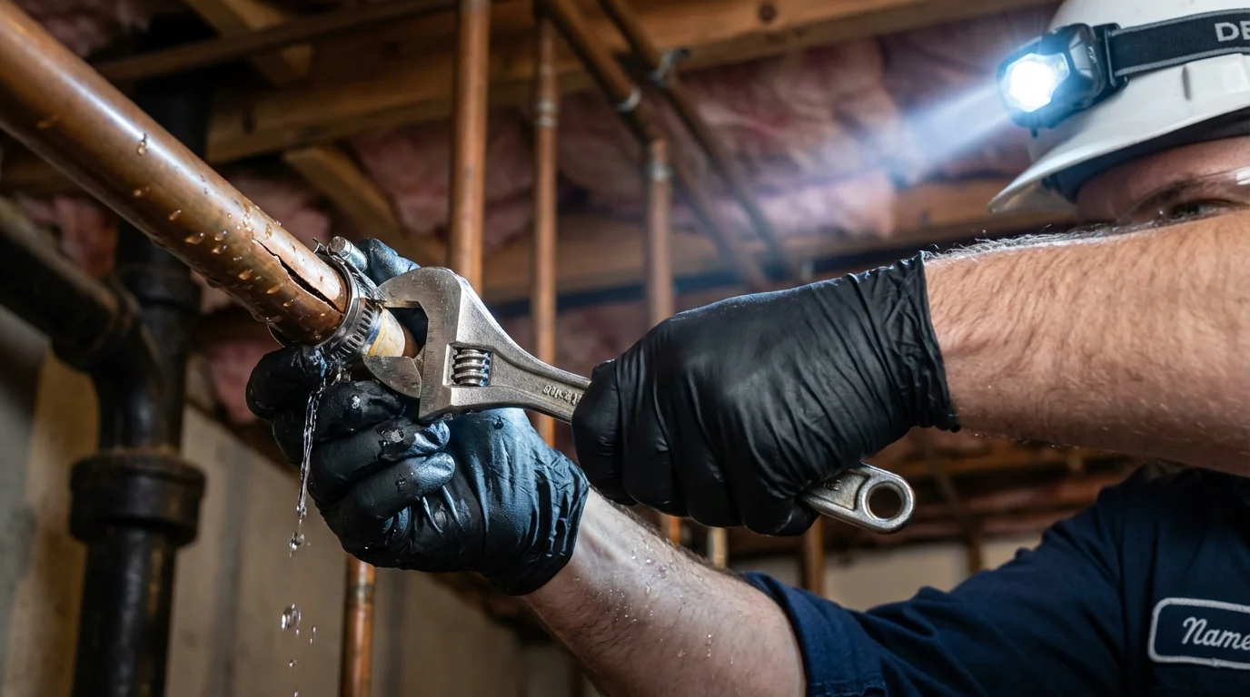 Emergency pipe clamp repair being performed by a Johns Plumbing LLC plumber in Gaylord