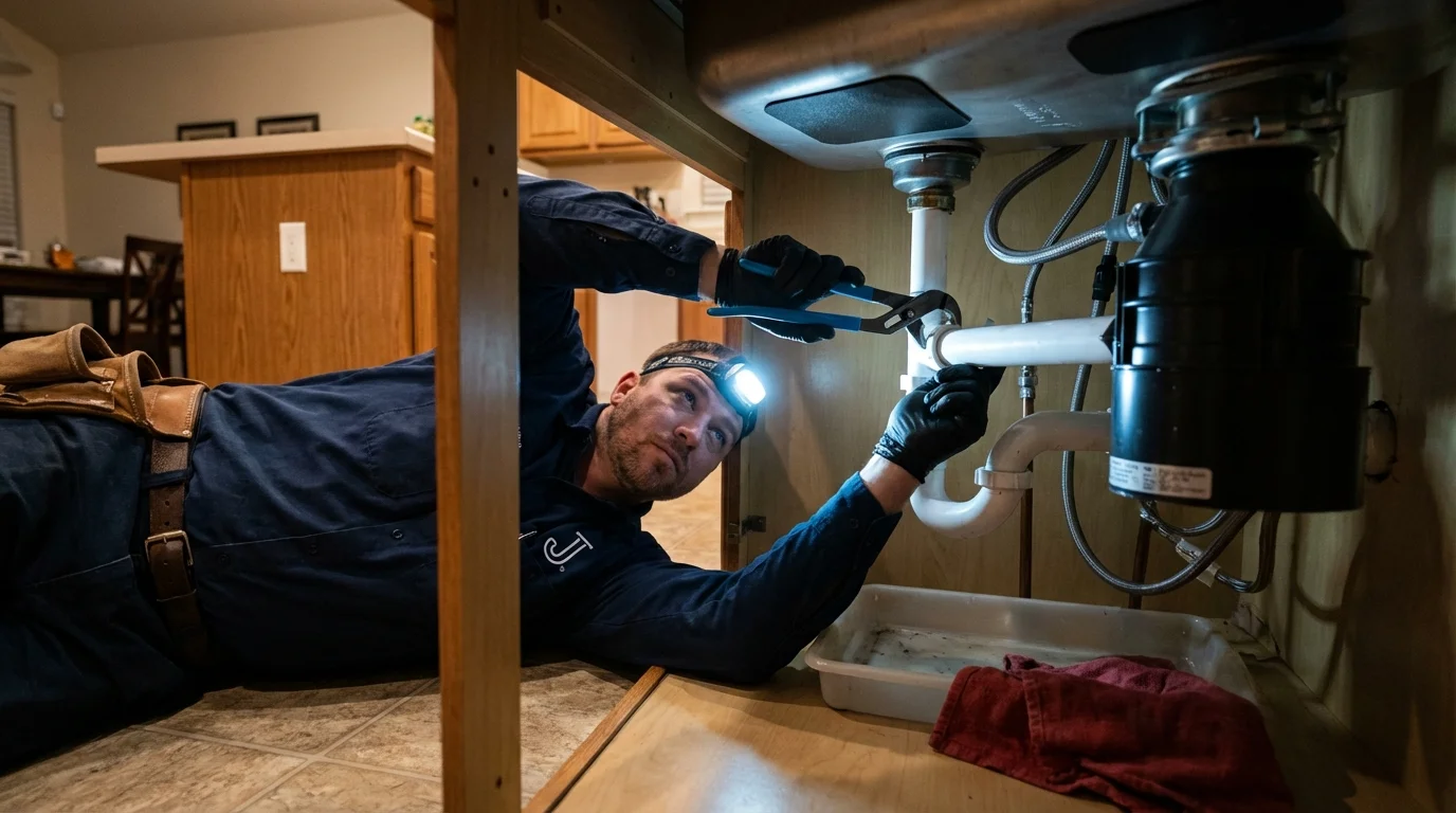 P-trap and supply line connections under a kitchen sink showing a common leak point in Gaylord, MN